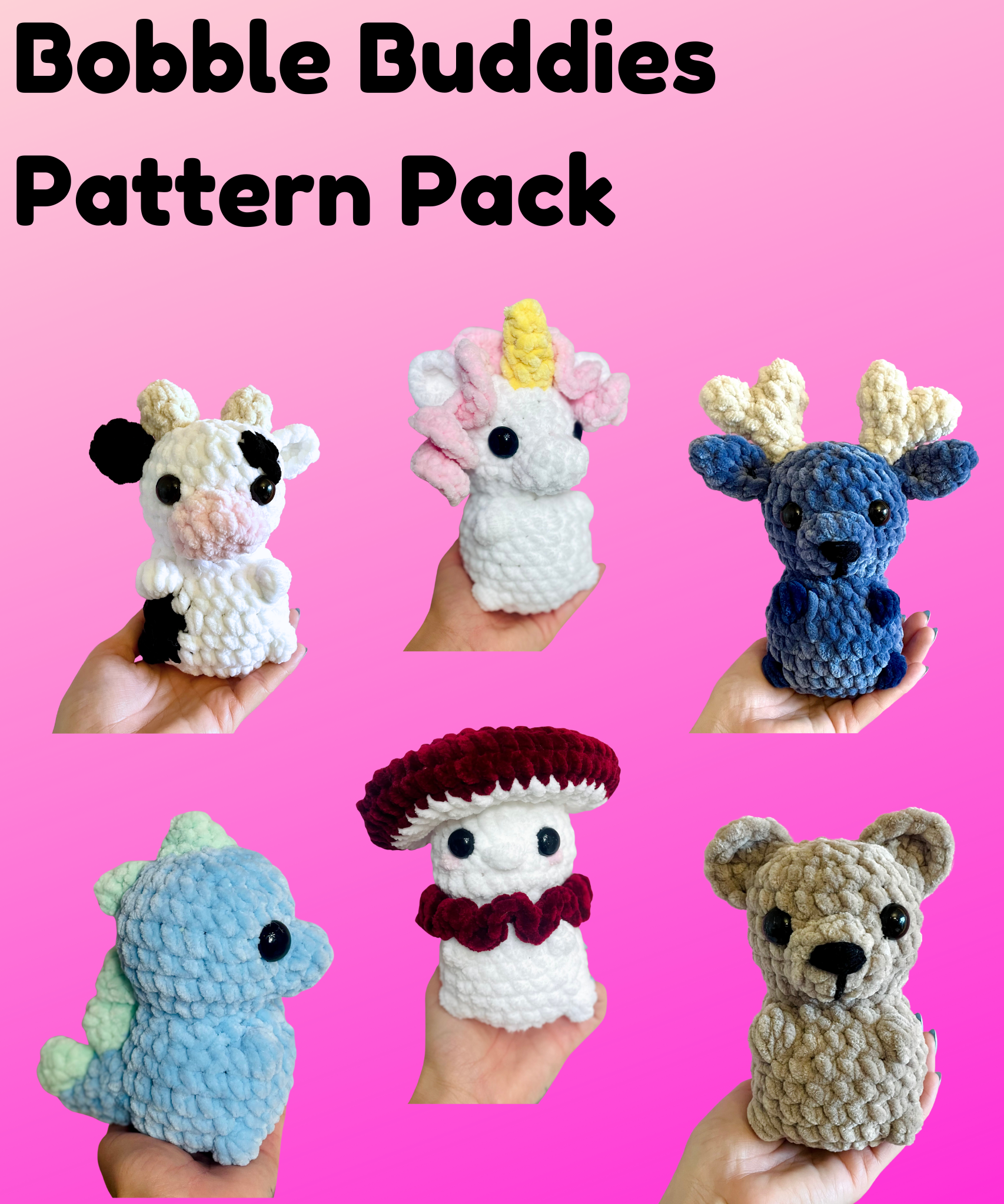 crochet pattern bundle contains crochet cow, crochet unicorn, crochet deer, crochet dino, crochet mushroom, crochet bear